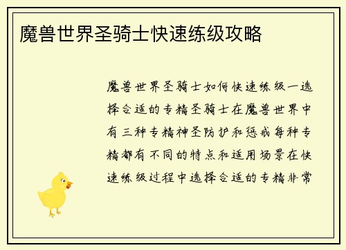 魔兽世界圣骑士快速练级攻略